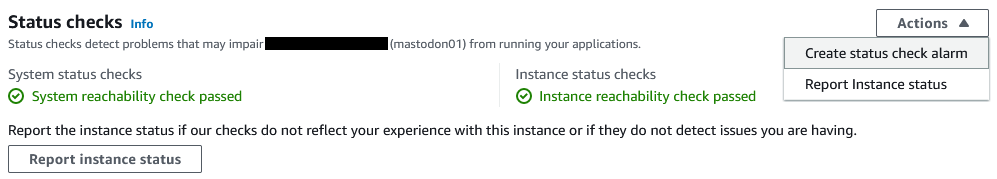 Screenshot showing the status checks for my Mastodon instance and the button to create an alarm