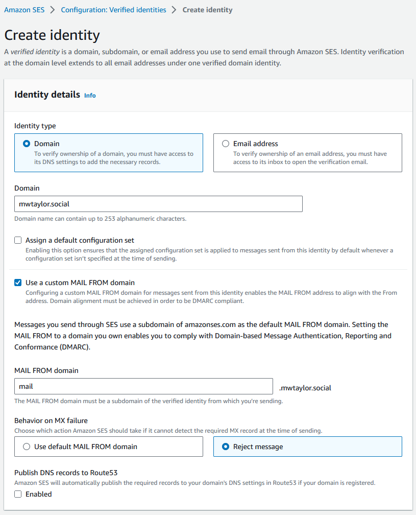 Screenshot of the AWS console with the configuration in this post filled in on the SES create identity form